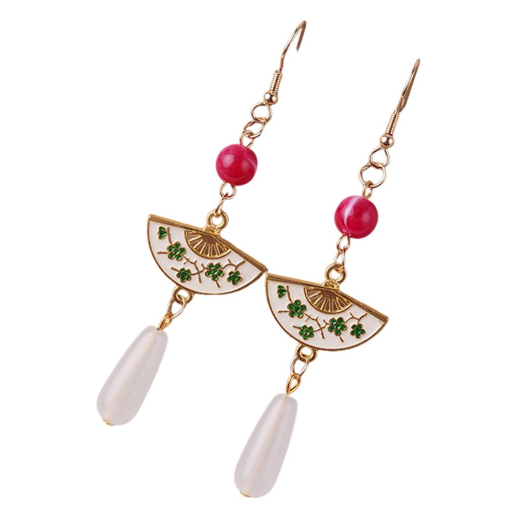 Chinese Fan Pendant Drop Earrings Elegant Retro Style Green/White Jade Earrings for Festival Wedding Party Head Decor
