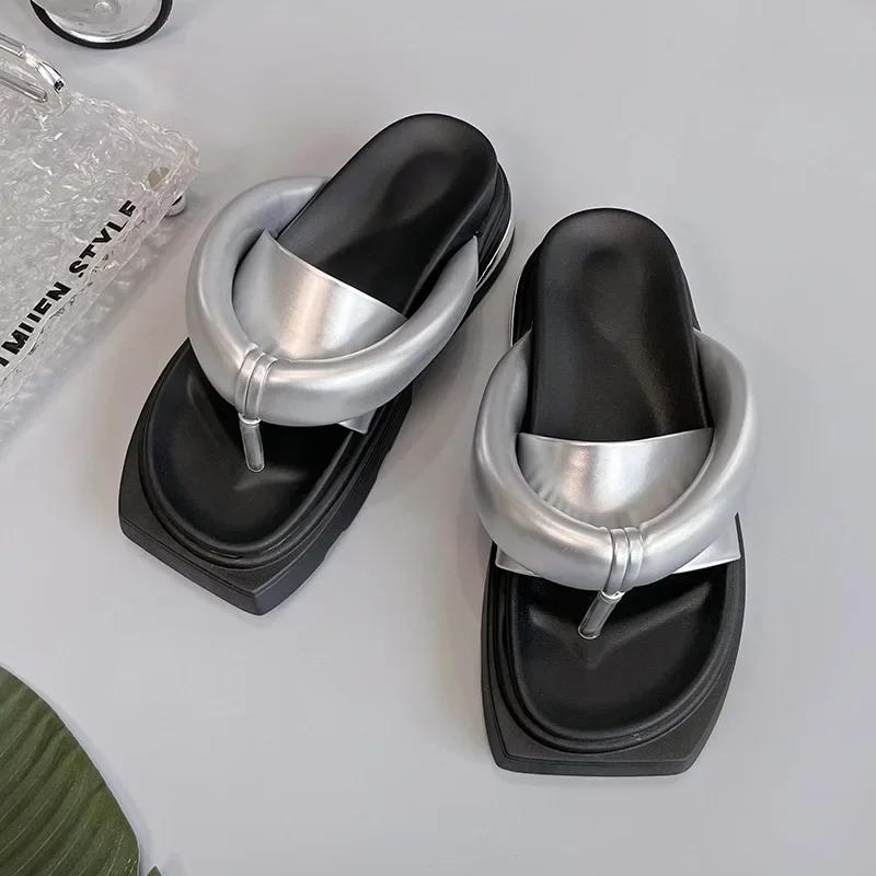 

Fashion Women s Muffin Thick-soled Sandals 2025 Summer New Toe Flip-flops Shoes 35 серебряный