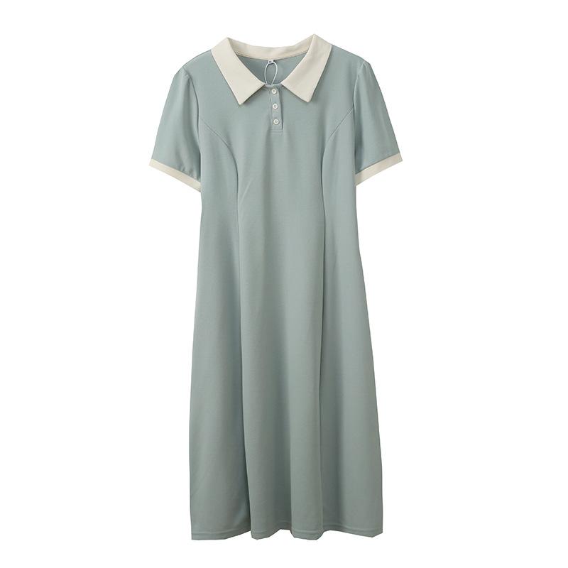 Large Size Women's Clothing Contrasting Color Polo Collar Dress, Summer New Waist and Age-reducing Medium and Long Dress 222191