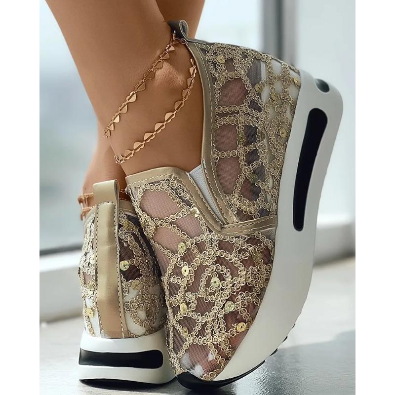 Fashion women's Muffin Sneakers Sequin Slip On Casual Shoes Round Toe Bling Bling Contrast Paneled Low Heel Sequin Slip On Sneakers