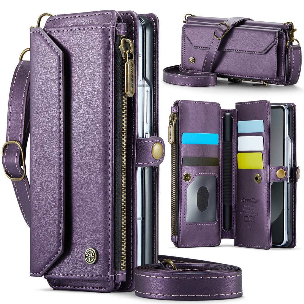 Crossbody Cards Solt Zipper Wallet Leather Case For Samsung Galaxy Z Fold 6 5 4 3 5G Purse Bag Pocket S-Pen Holder Lanyard Cover