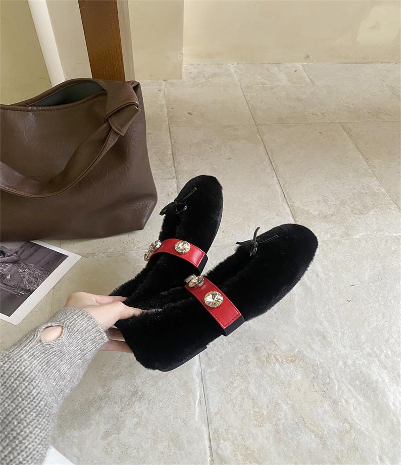 Bow-tie Mao Mao Shoes Ins European and American One-word Buckle with Round Head Ballet Shoes Gentle Wind Shallow Mouth Flat-soled Single Shoes Women