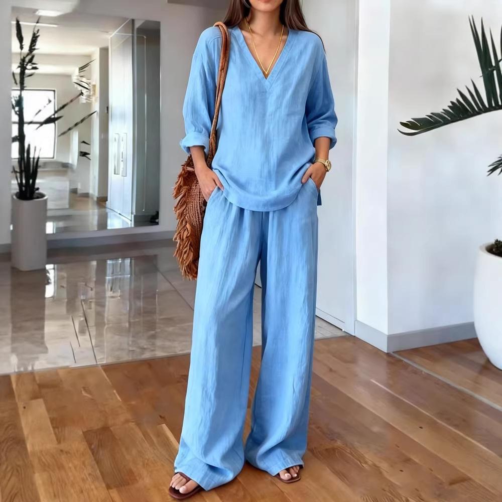 Women'S 2 Piece Linen Outfits V Neck Long Sleeve Pullovers Shirt Top And Wide Leg Pants Set Casual Loungewear Vacation Tracksuit