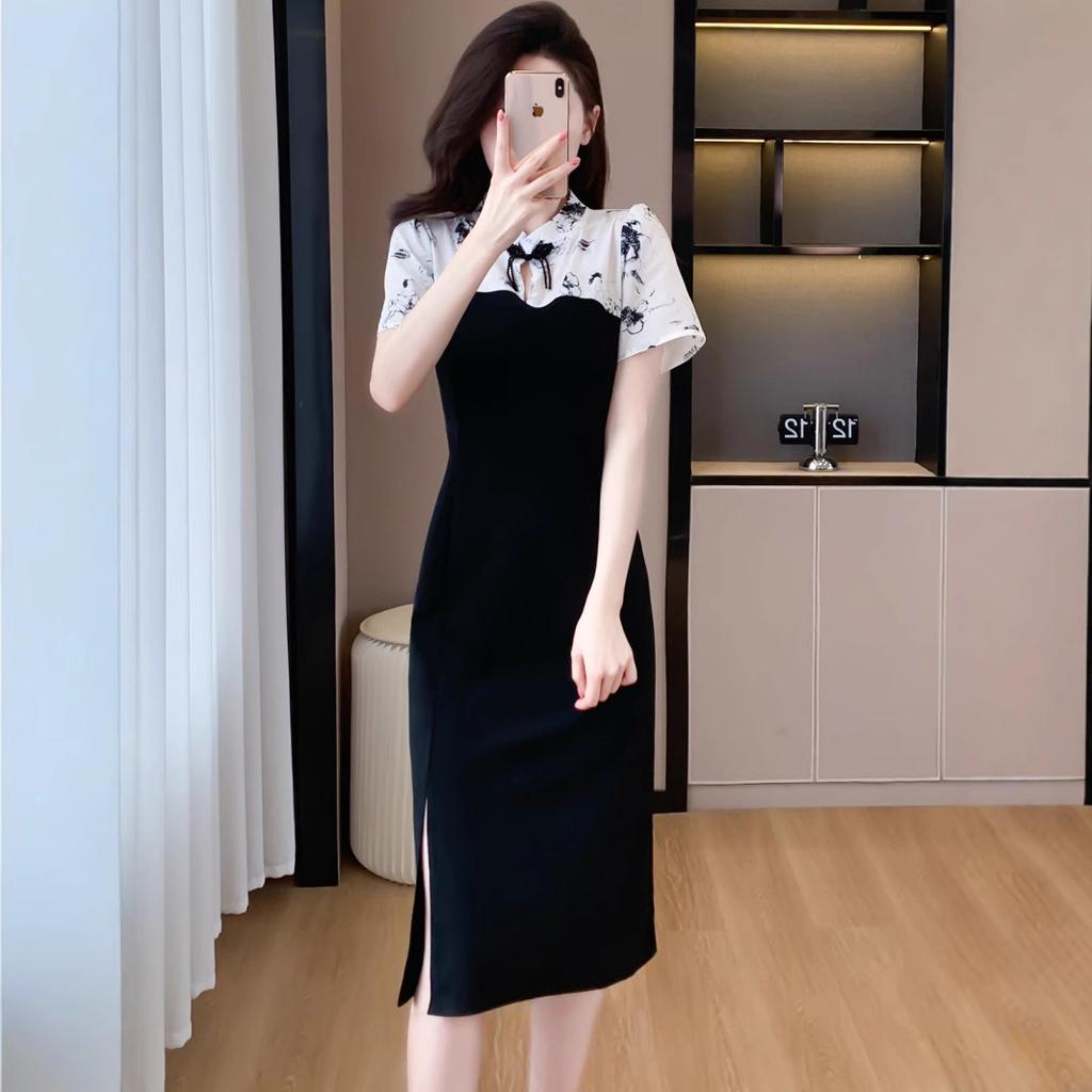 New Chinese Style Cheongsam, Small Disc Button Dress, Summer New Splicing Temperament Meat-covering Short-sleeved Skirt