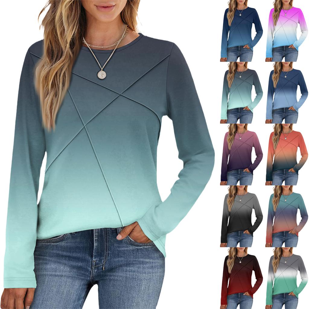 Fashionable Women's Long-sleeved Gradient Round Neck Casual Pleated Loose Top