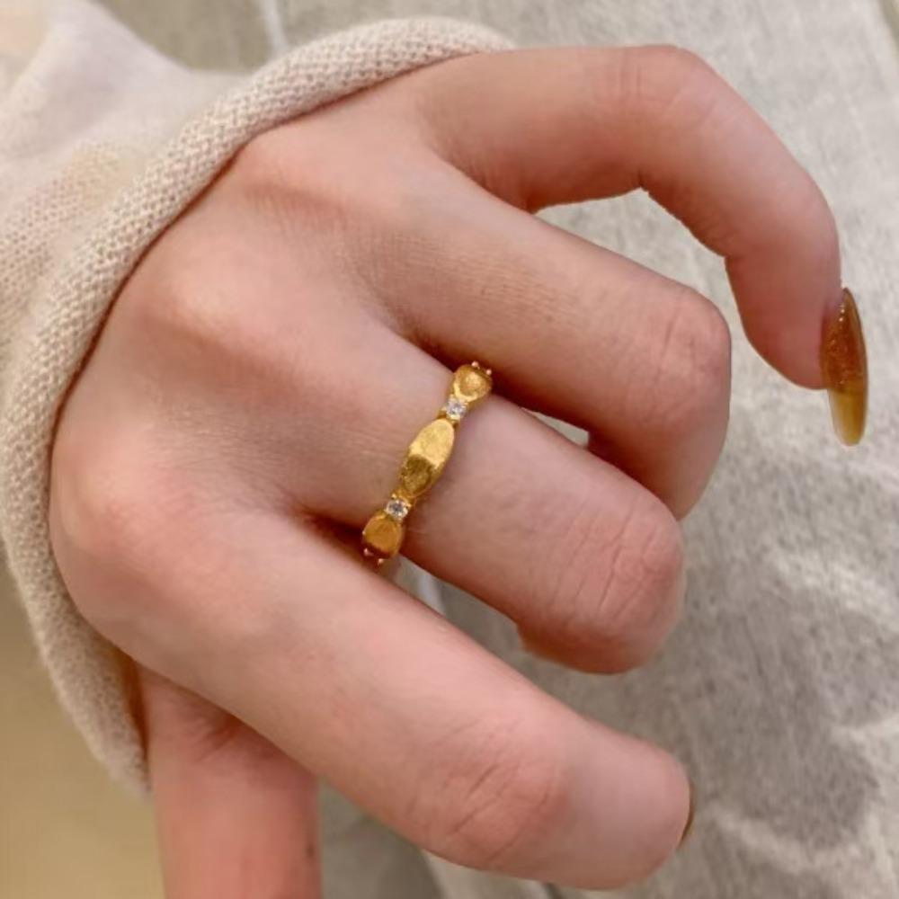 

Exclusive Vintage Forged Pinky Ring Italian Brushed Olive Bead with Diamond Light Luxury Jewelry for Women adjustable
