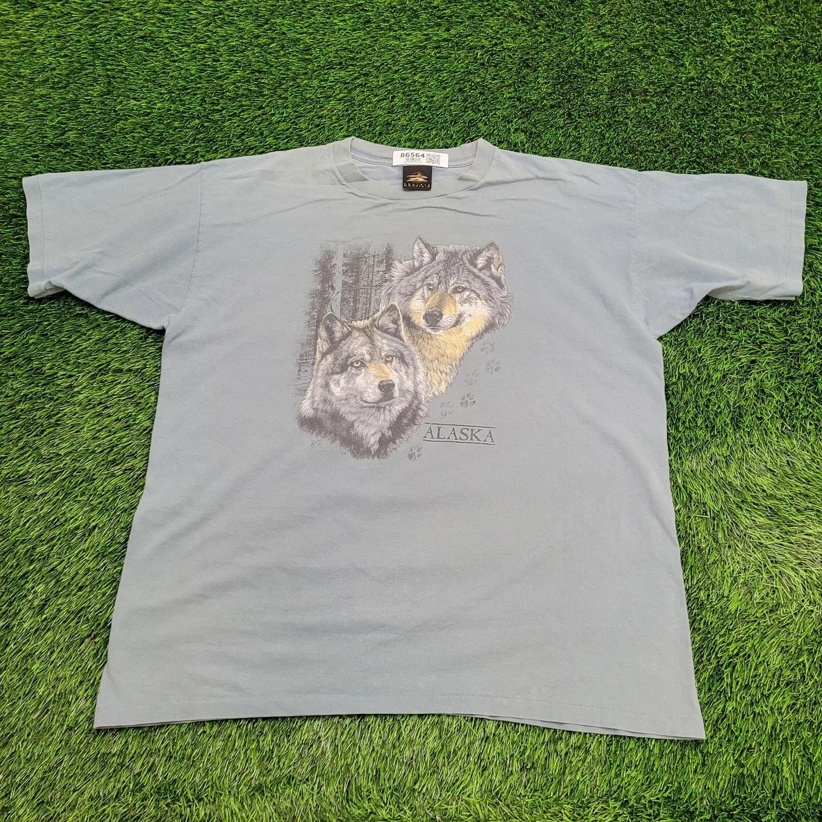 

Винтажная футболка 90-х Alaska Wolf Pack XL 22x27 Выцветший зеленый Дикая природа S
