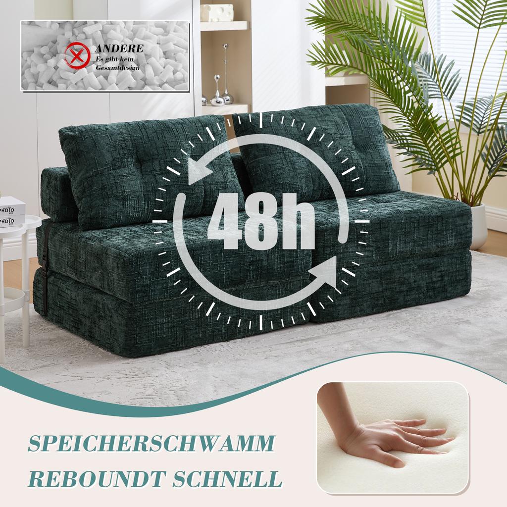 Foldable Sofa Bed with Cushions, Foldable Mattress with Backrest, Comfortable Floor Sofa for Living Room and Bedroom (Dark Green Chenille)