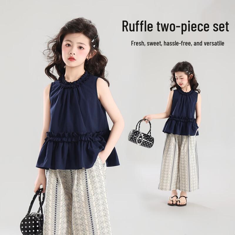Yinfo Girls Summer Sleeveless Two-Piece Set 150 темно-синий