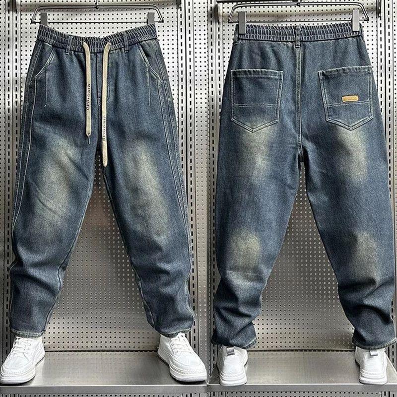 Calça Jeans Masculina JYL Nova Versátil Reta Solta Cropped Patchwork High Street Rasgada Denim