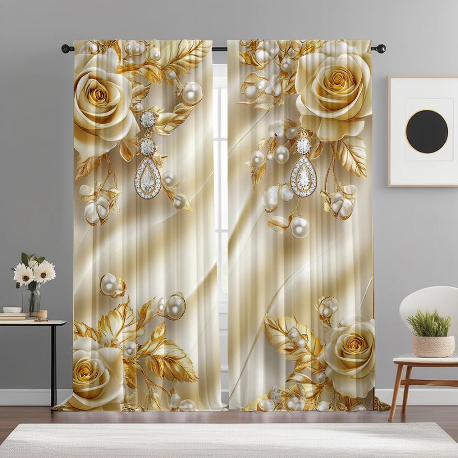 2PCS Digital Printed Curtains, European Diamond Golden Flower Pattern, Stylish Window Treatment for Living Room Bedroom Decor