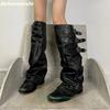 Fashion Women's Belt Buckle Pleated Loose Boots Black Thick Heel Retro Long Trousers Boots 2025 Winter Fashion Flats Knee-High Boots