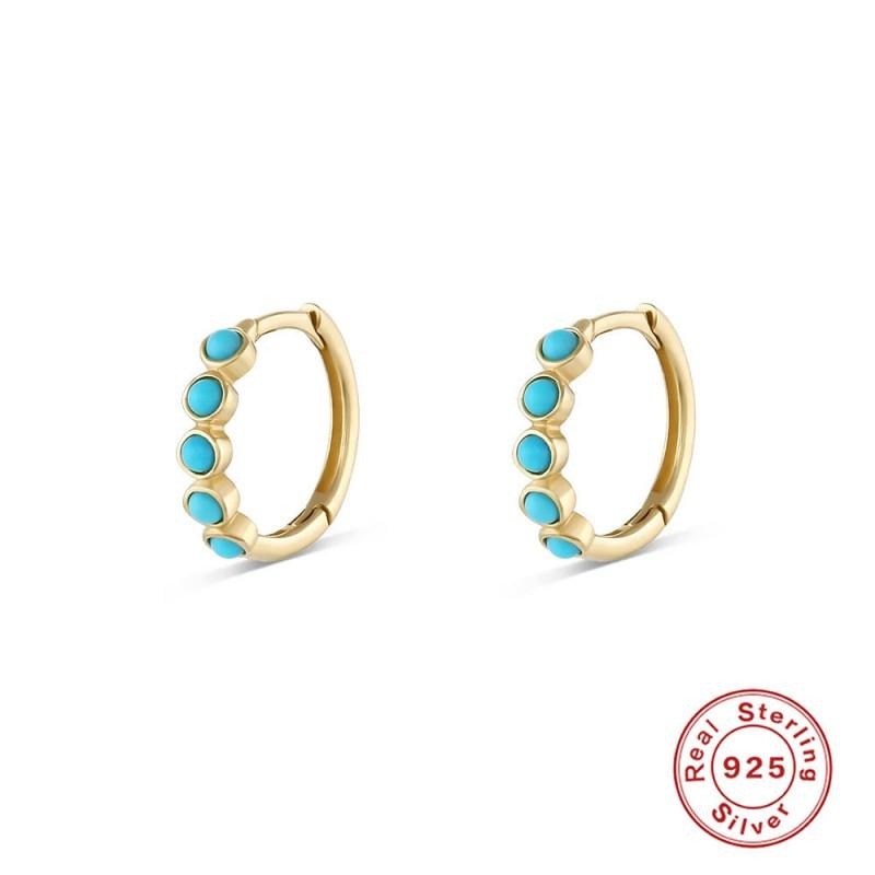 Sterling Turquoise Inlay Stud Earrings Geometric Circle Hoop Minimalist Fashion Jewelry Women