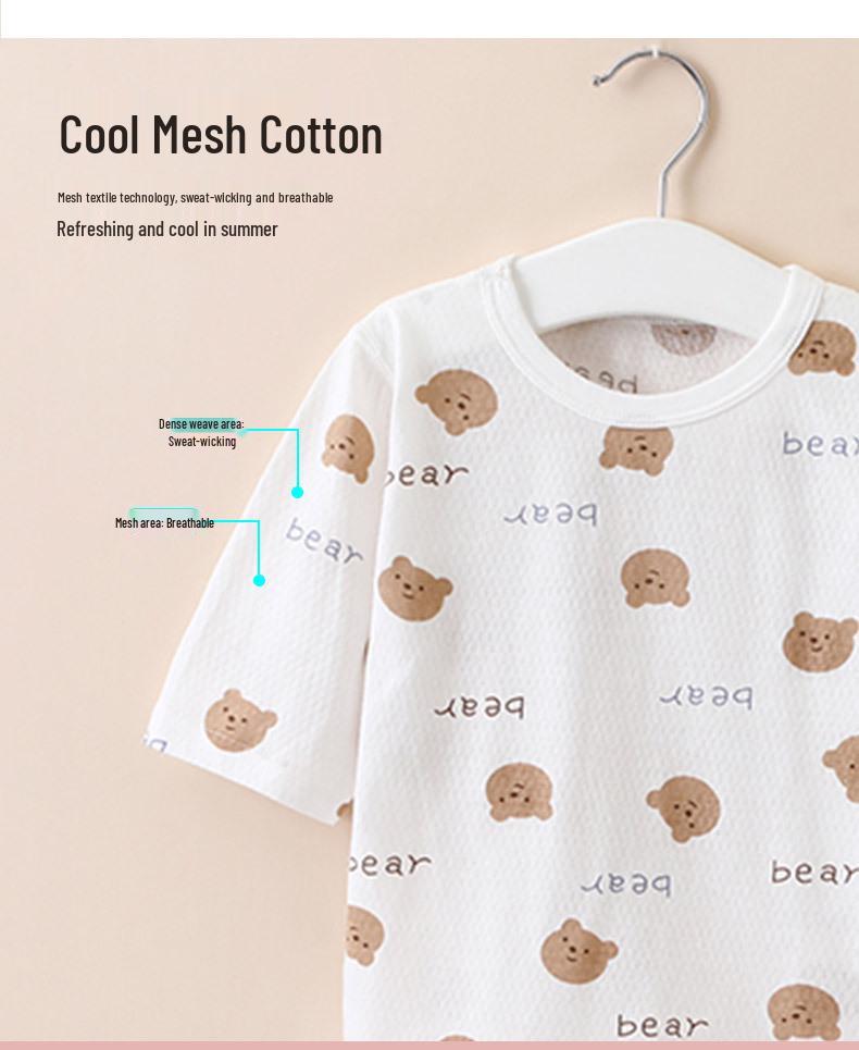 Children's Summer Cotton Pajama Set - Cartoon Print, Tagless, 3/4 Sleeves, for Air-conditioned Rooms