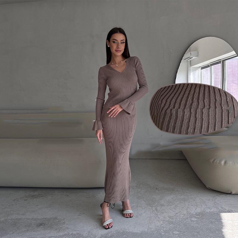 Women Elegant Solid Slim Long Sleeve Ribbed Knitted Dresses Autumn Winter Casual Basic V-neck Warm Sweater Dress