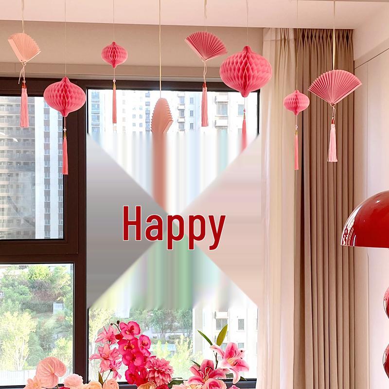 Wedding Décor Set: Honeycomb Balls, Folding Fans & Double Happiness Pendants for Groom's Room