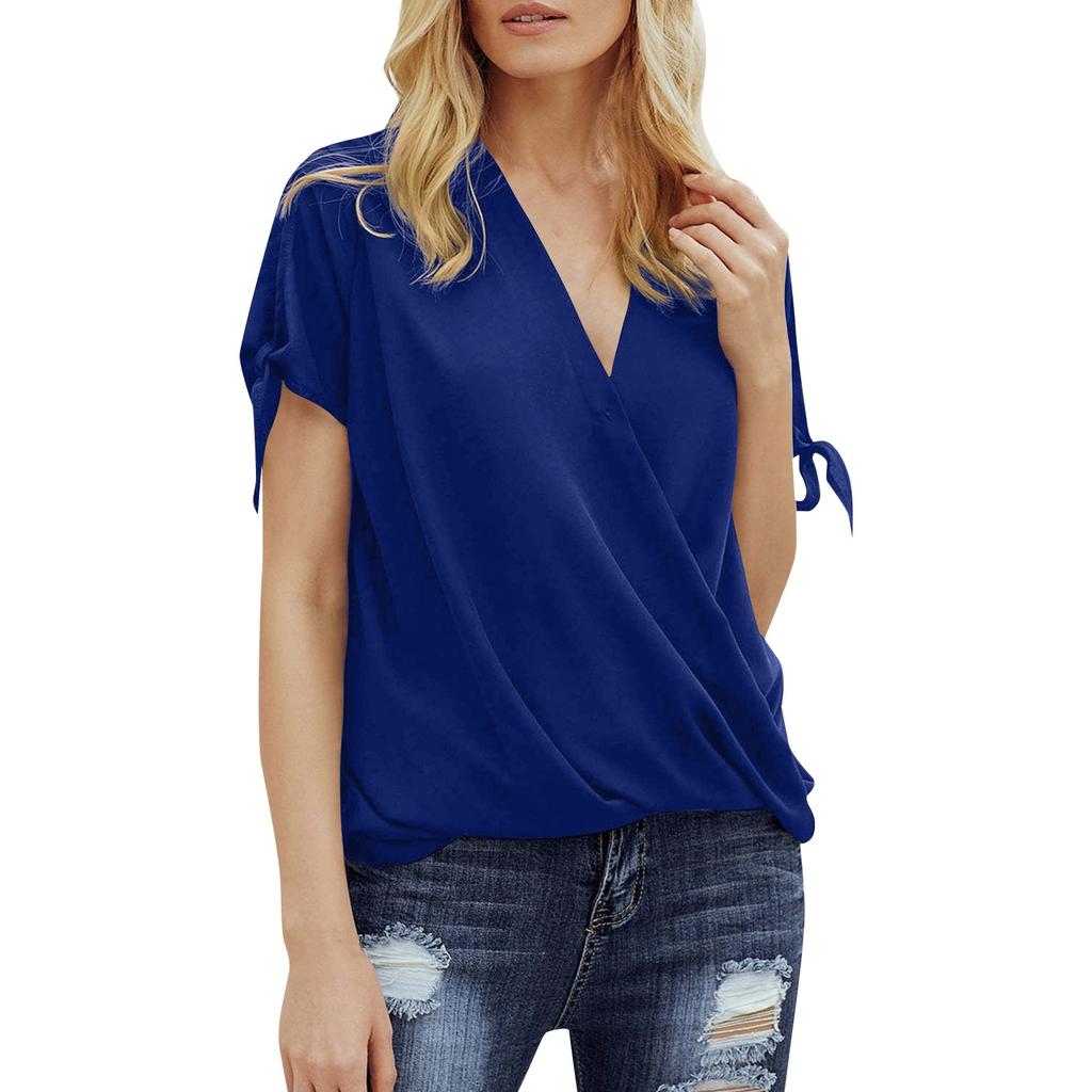 Women's Fashion Casual Color V Neck Short Sleeve Hollow Loose Shirt Top