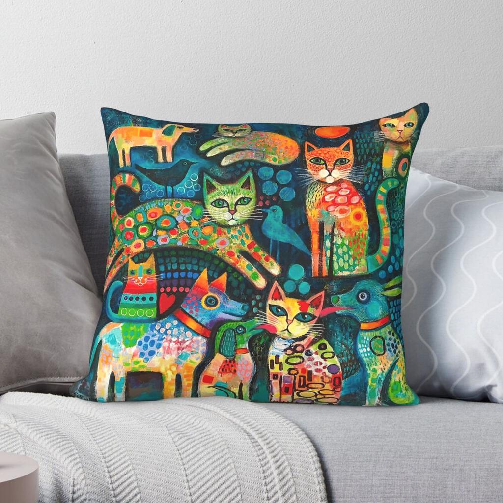 Cat Family And Friends Square Pillowcase Polyester Linen Velvet Pattern Zip Decorative Home Cushion Cover