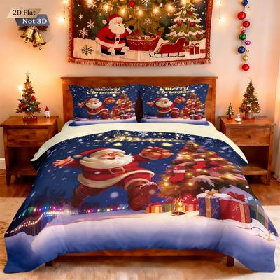 3-teiliges Frohe Weihnachten Weihnachtsmann Druck Kernloses Bettbezug-Set Mehrere Größen Studentenwohnheim Bettwäsche Feiertagsdekoration Maschinenwaschbar
