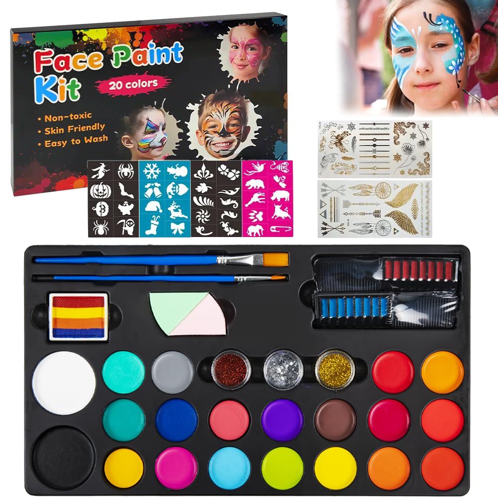 BRAINLE Kids Face and Body Paint Kit: Water-Based, Non-Toxic, 20-Color Oil Palette with 3 Glitters, 2 Hair Chalk Combs, 2 Paint Brushes, 32 Stencil