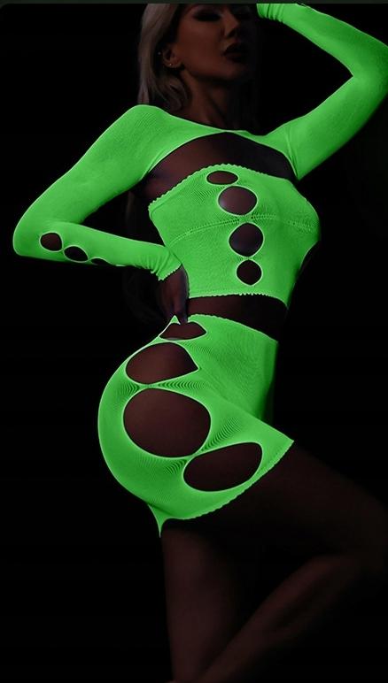 Bodystocking Glowing In The Dark Mesh Lingerie Set Attractive Ladies