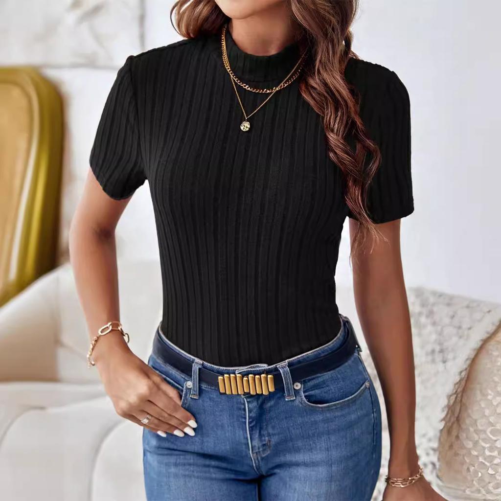 Ladies Summer Short Sleeve Stand Collar Solid Color Knitted Pullover T Shirt Top