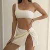 3Pcs/Set Backless Lines Texture Bikini Skirt Set One Shoulder Bra High
