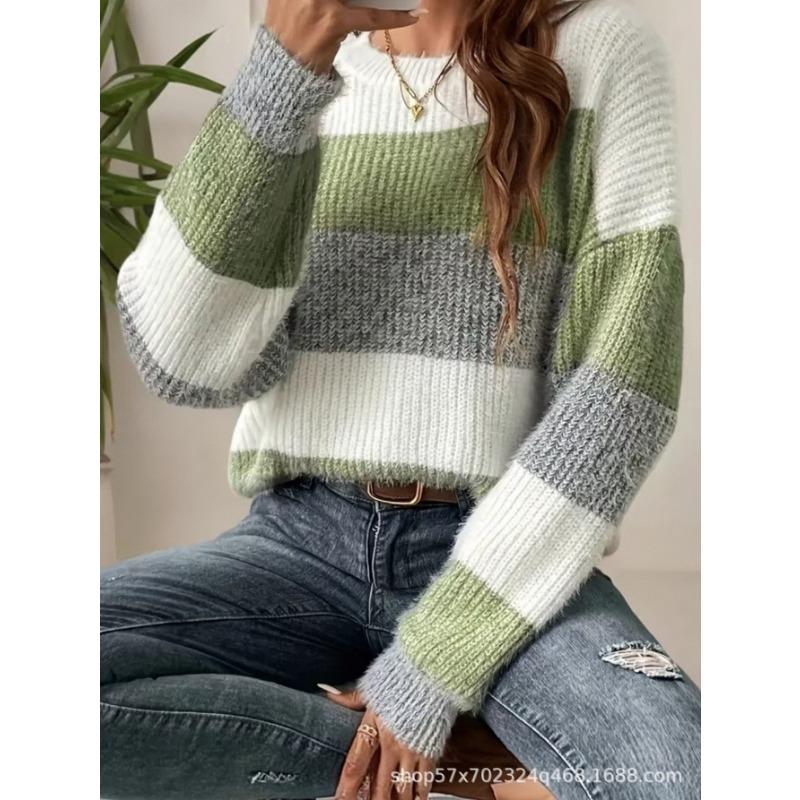 Pull Tricoté Casual Rayé Lâche Col Rond Manches Longues Style Français pour Femme