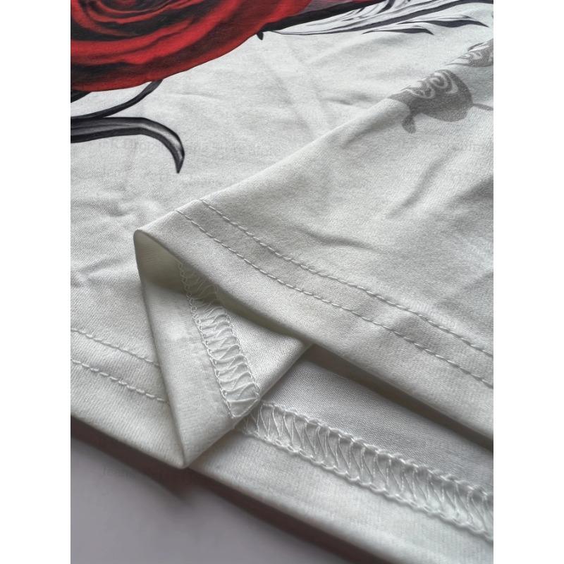 Sommar Rundhalsad 3D Rosmönstrad Topp Trendiga Casual Kortärmade T-shirts för Kvinnor