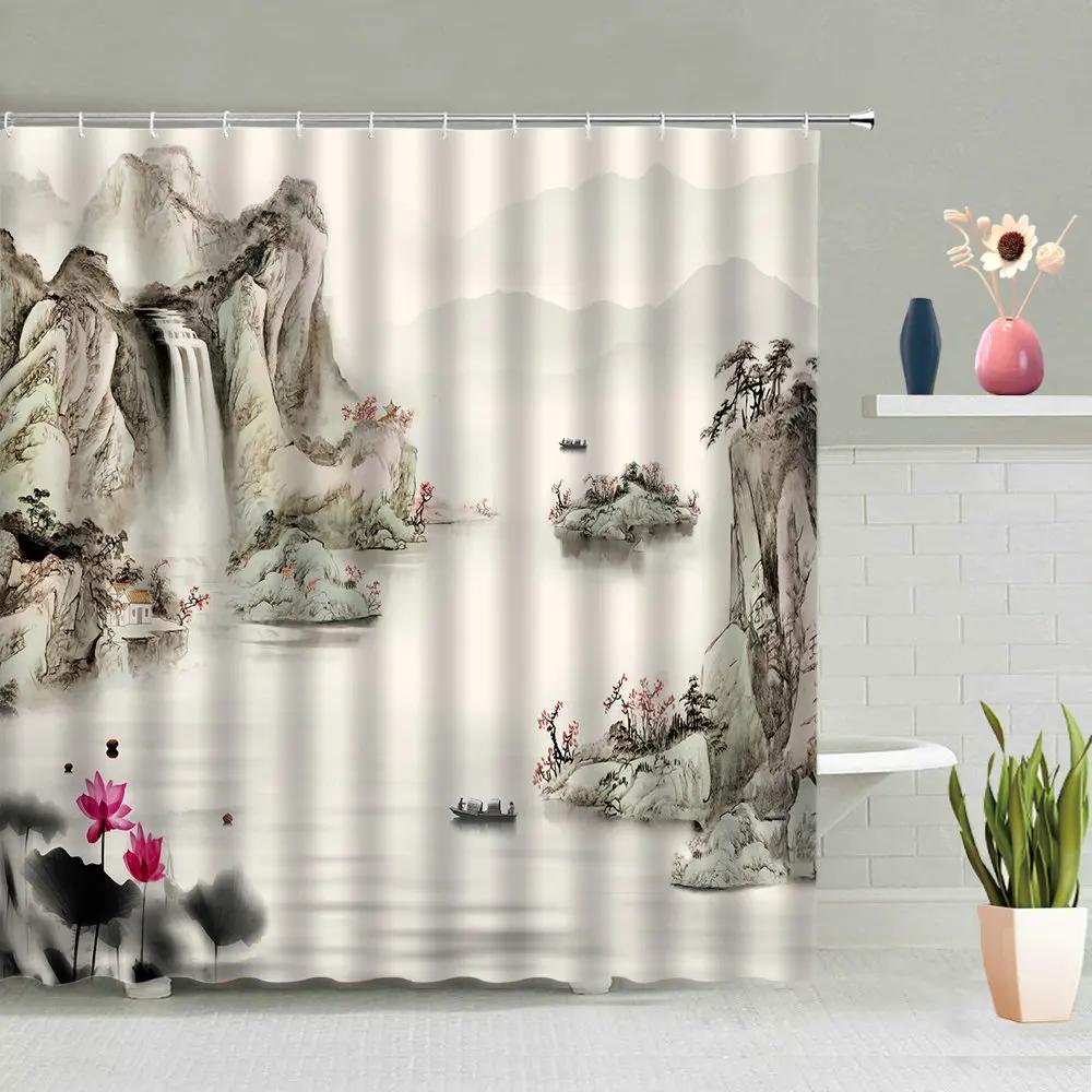 Chinese Style Ink Painting Shower Curtain Landscape Flower Tree Plant Boat Plum Living Room Background Wall Bathroom Screen Hook