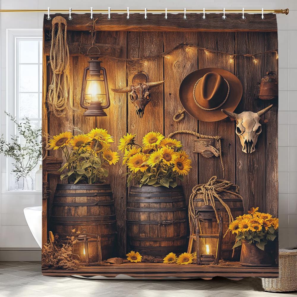 Rustic Farmhouse Garden Cowboy Theme Shower Curtain, Bathroom Decor Shower Curtain, Plants And Flowers Shower Curtain With Hooks