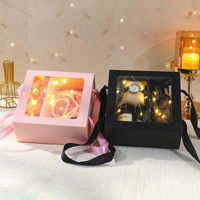 Transparent Pvc Flower Gift Box With Handle Square Portable Rose Candy Dessert Packaging For Wedding Party Present Decor