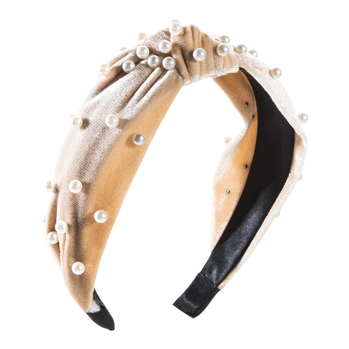 

Женская повязка для волос с жемчугом, золотой бархатный центральный узел с широким бантом, однотонная повязка на голову OneSize бежевый