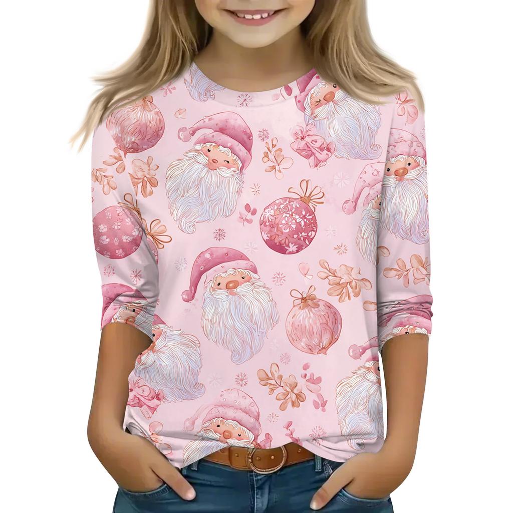 Vánoční potisk Topů pro dospívající dívky 4-11 let Kulatý výstřih 3/4 rukávy Módní topy Outfit Trička