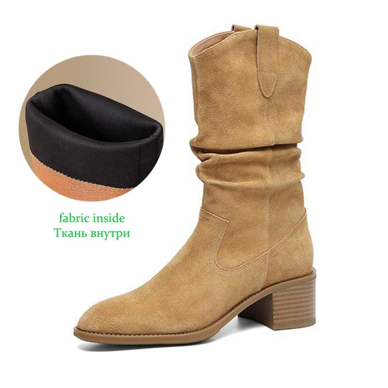 Krazing Pot Cow Suede Nubuck Winter Round Toe Modern Boots Med Heels Slip On Pleated Decoration Women Mid-calf Boots