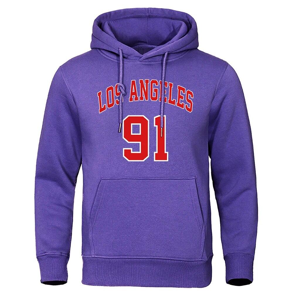 Los Angeles 91 Team Uniform Print Hooded Autumn Fleece Pullovers Oversized Loose Streetwear Comfortable Sweatshirts Fashion