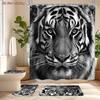 4Pcs Tiger Shower Curtain Set with Non-Slip Bath Mat, Toilet Lid Cover, Contour Rug & 12 Hooks, Bathroom Decor