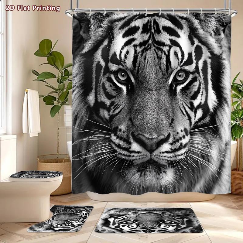 4Pcs Tiger Shower Curtain Set with Non-Slip Bath Mat, Toilet Lid Cover, Contour Rug & 12 Hooks, Bathroom Decor
