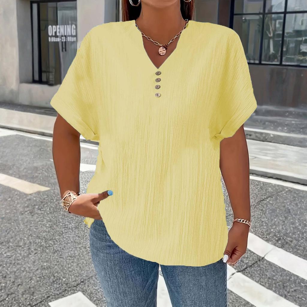 Women’s Short Sleeve V Neck Blouse with Button Loose Fit Tunic Top for Casual Daily Wear