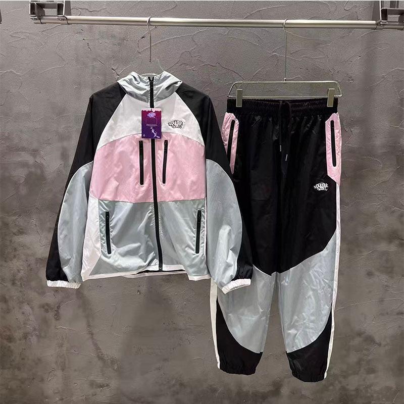 Cross-border European and American trendy brand syna letter embroidery color matching hooded trench coat jacket men's and women's sports trousers