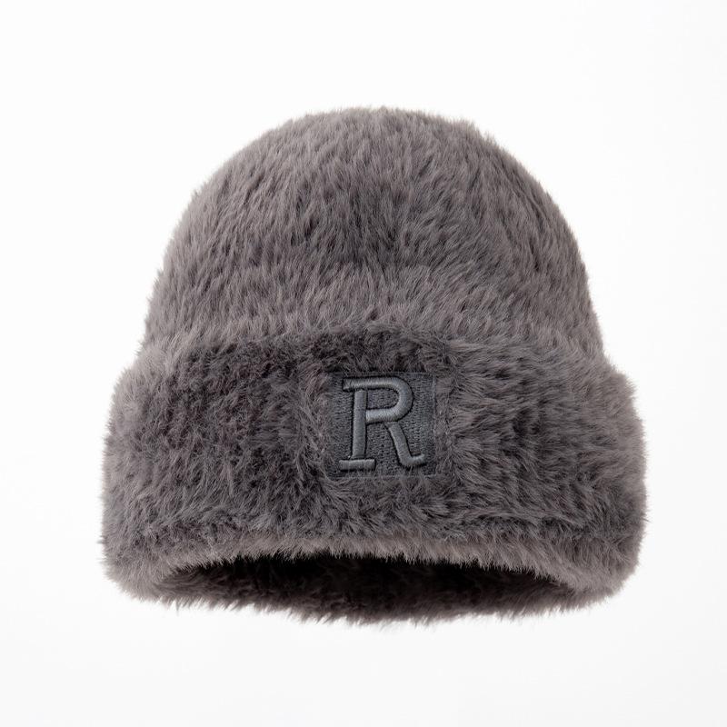 Korean New Winter Hat for Women's Big Head Wing Letter Wool Hat Imitation Mink Hair Autumn and Winter Warm Knit Hat Trend