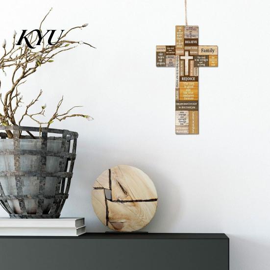 Handcrafted Wood Cross Decor Easter Wooden Ornament, Rustic Hanging Pendant with Hemp Rope Wall for Decor, Religious Home Decoration, Solid Scripture