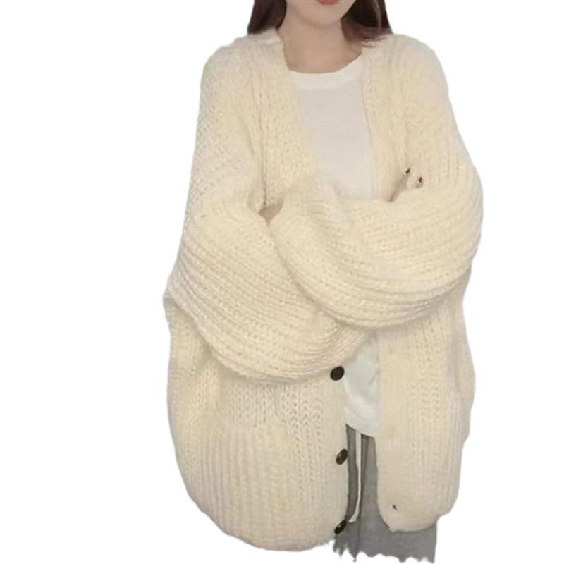 Weich Grün Lässiger Wind Strickjacke Jacke Pullover Damen Herbst und Winter Locker Langärmlig Gestrickte Oberbekleidung Tops Bequem Vielseitig und Modisch