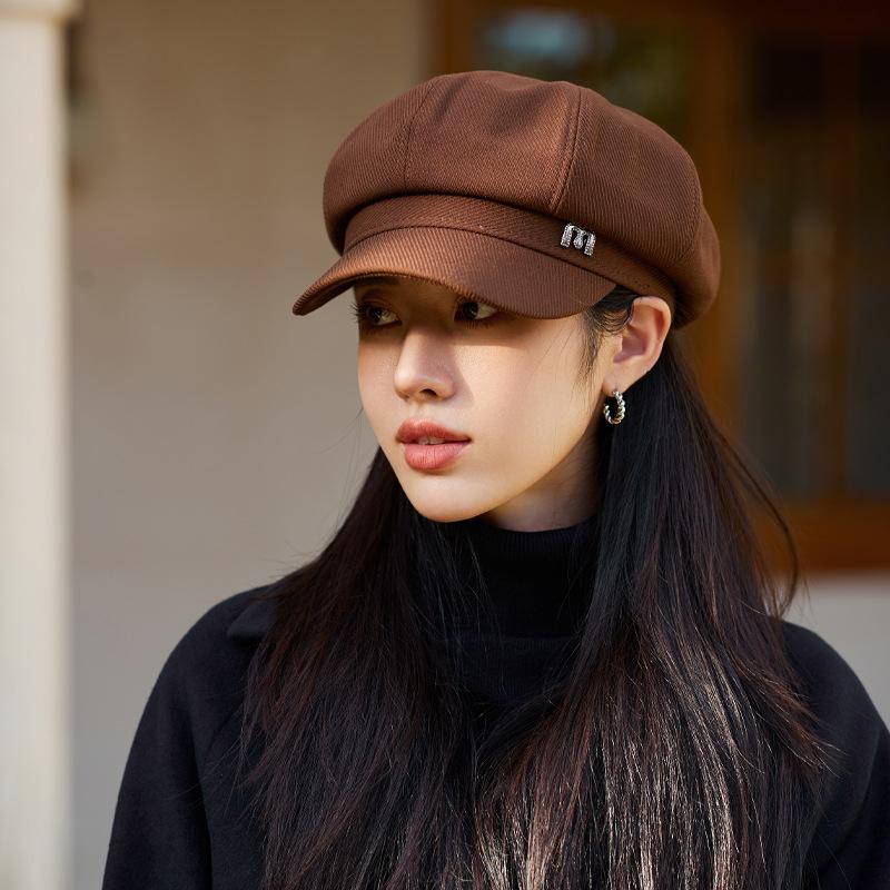 

Korean Version of Autumn and Winter New Hat for Women s Metal Letters M Mark Octagonal Hat with A Literary Retro Face and Small Newspaper Boy Hat average size