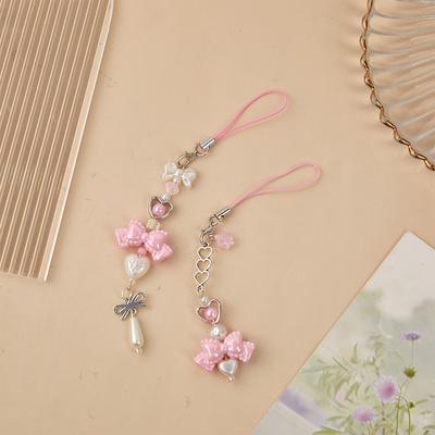 Y2K Różowa kokardka w kształcie serca z koralikami Brelok do kluczy Słodki, uroczy smycz do telefonu komórkowego Świeża torba All-Match Wisiorek Torebka Wisząca dekoracja