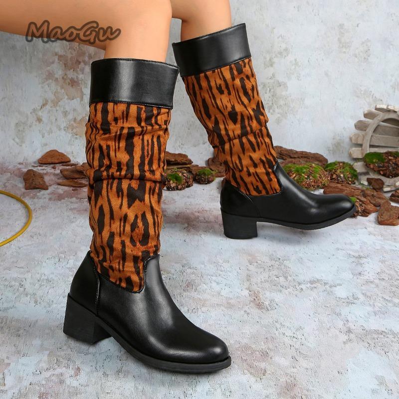 Vintage Leather Chunky Heel Riding Boots for Women  Autumn Winter Plus Size 36-41 Long Boots Knee-High Pleated Botas Mujer