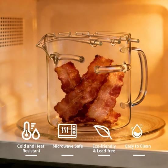 Reusable Bacon Cooker 2.1L Borosilicate Glass Roasting Pan Microwave Bacon Maker with Built-in Nozzle Heat-Resistant Kitchen Tool for Grease