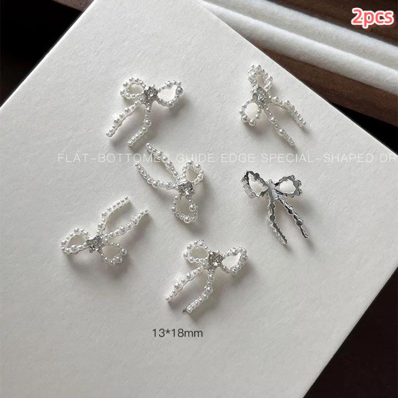 2 Pcs Pearlescent Bow Pearl Nail Art Accessories Ribbon Bow Ties Resin Trendy Nail Charms Decorations Diy Cute Nail Parts