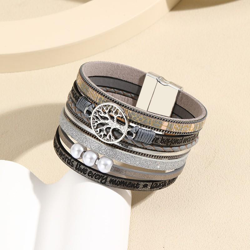 Bracelet Wrap Cuir Bohème Avec Arbre de Vie Perle Bracelet Tissé à la Main Fermoir Magnétique Style Vintage Bijoux Unisexe