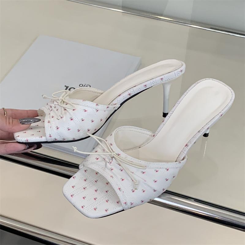 Eilyken New Flower Butterfly-kont Square Toe Women Slippers Summer Thin High Heels Banquet Slide Shoes